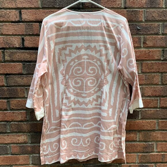 Soft Surroundings Pink White Tribal Top Tunic Cover Up Beaded Hook Closure Large - Picture 4 of 8